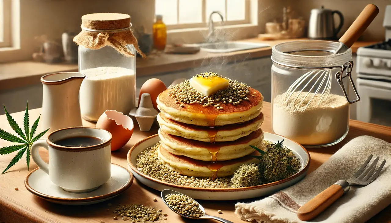 Stos pancakes z nasionami konopi na talerzu