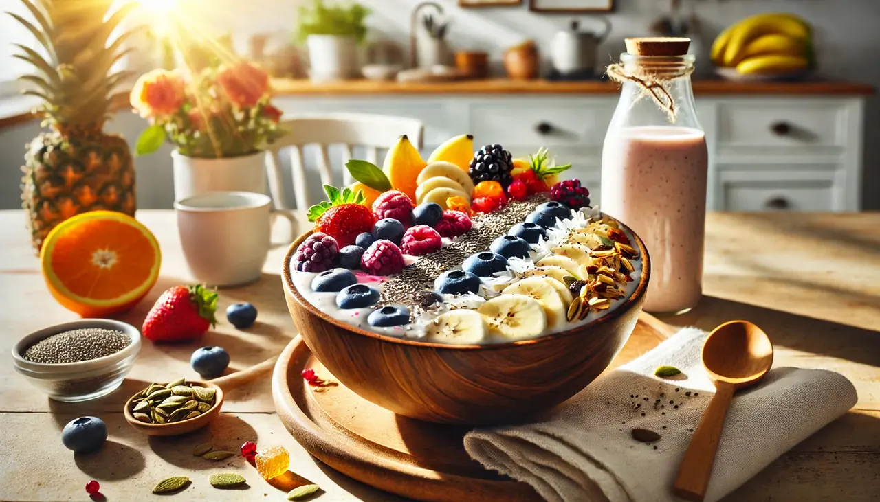 Miska smoothie z owocami, granolą i nasionami